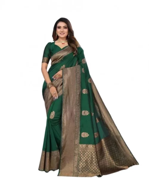 Generic Women's Soft Lichi Silk Printed Saree With Unstitched Blouse 5.5Mtr (Green)