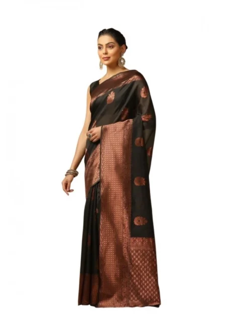 Generic Women's Soft Lichi Silk Printed Saree With Unstitched Blouse 5.5Mtr (Black)
