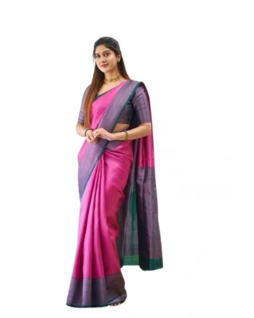 Generic Women's Soft Lichi Silk Printed Saree With Unstitched Blouse 5.5Mtr (Pink)