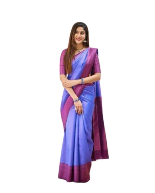 Generic Women's Soft Lichi Silk Printed Saree With Unstitched Blouse 5.5Mtr (Blue)