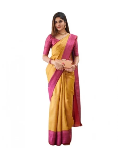 Generic Women's Soft Lichi Silk Printed Saree With Unstitched Blouse 5.5Mtr (Mustard )
