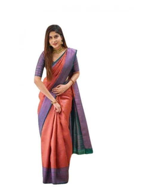 Generic Women's Soft Lichi Silk Printed Saree With Unstitched Blouse 5.5Mtr (Orange)