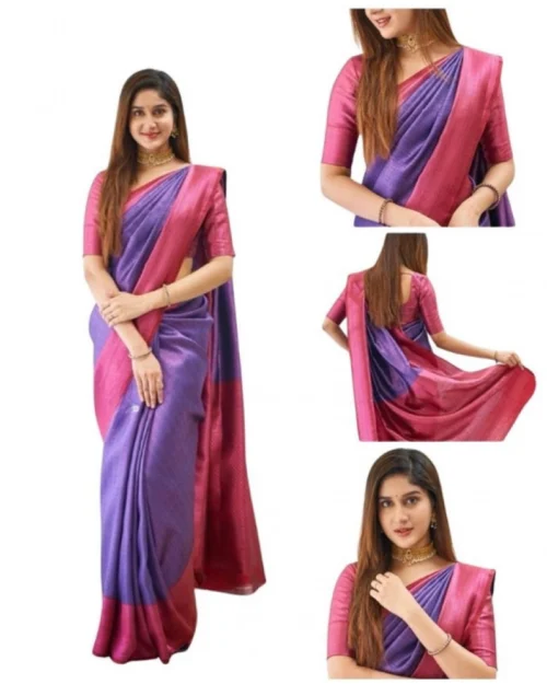 Generic Women's Soft Lichi Silk Printed Saree With Unstitched Blouse 5.5Mtr (Purple)