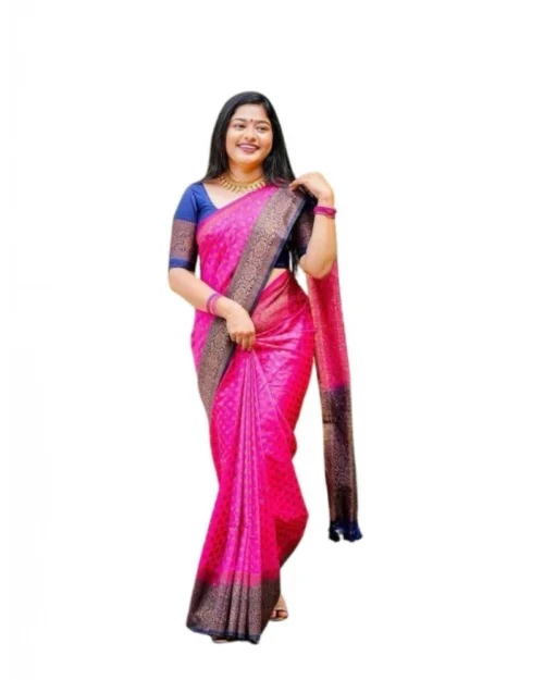 Generic Women's Soft Lichi Silk Printed Saree With Unstitched Blouse 5.5Mtr (Pink)