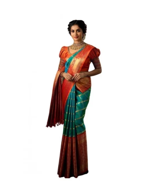 Generic Women's Soft Lichi Silk Printed Saree With Unstitched Blouse 5.5Mtr (Green)