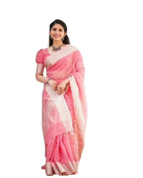 Generic Women's Soft Lichi Silk Printed Saree With Unstitched Blouse 5.5Mtr (Pink)
