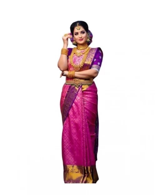 Generic Women's Soft Lichi Silk Printed Saree With Unstitched Blouse 5.5Mtr (Pink)