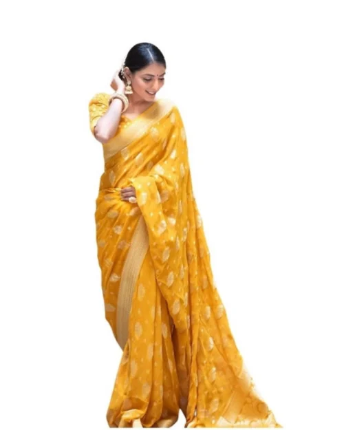 Generic Women's Soft Lichi Silk Printed Saree With Unstitched Blouse 5.5Mtr (Yellow)