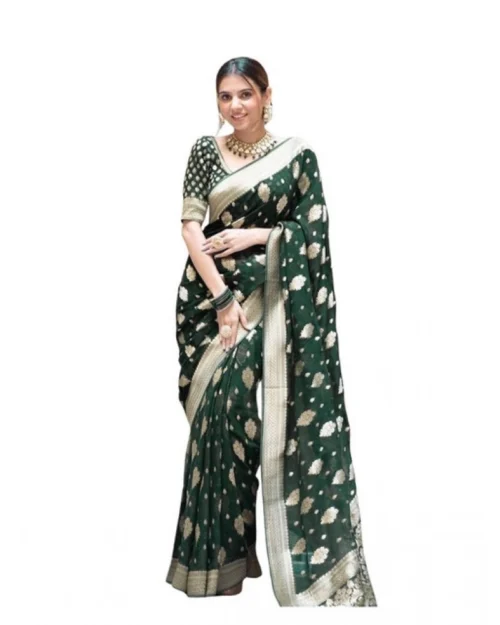 Generic Women's Soft Lichi Silk Printed Saree With Unstitched Blouse 5.5Mtr (Green)