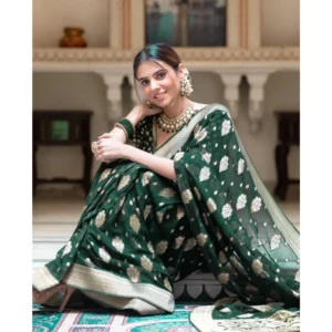 Generic Women's Soft Lichi Silk Printed Saree With Unstitched Blouse 5.5Mtr (Green)