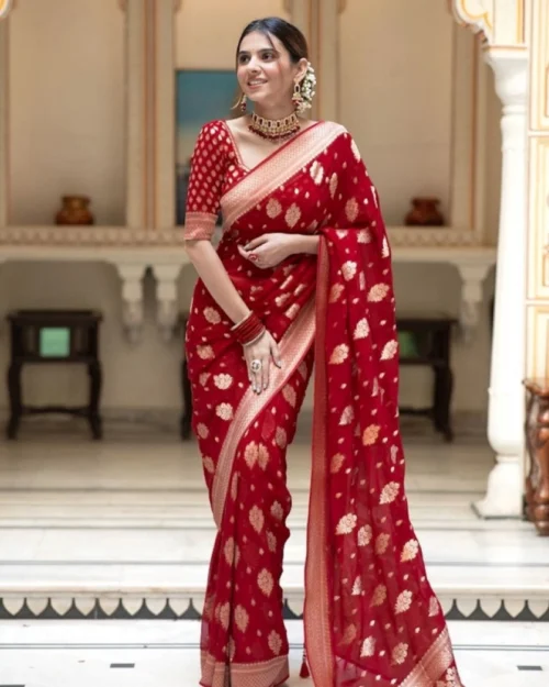 Generic Women's Soft Lichi Silk Printed Saree With Unstitched Blouse 5.5Mtr (Red)