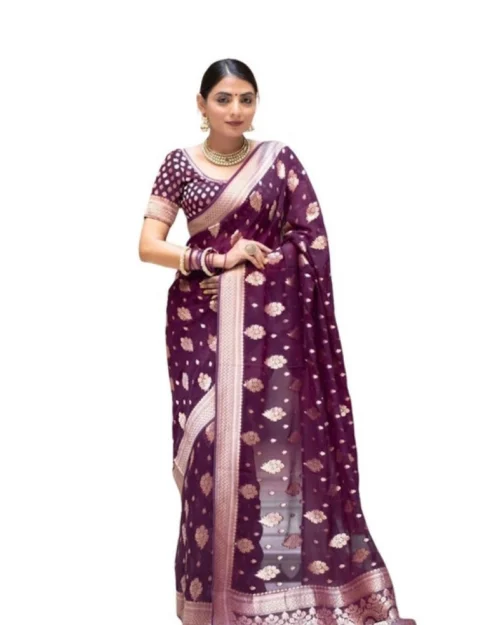 Generic Women's Soft Lichi Silk Printed Saree With Unstitched Blouse 5.5Mtr (Purple)