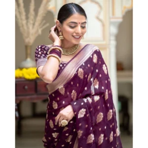 Generic Women's Soft Lichi Silk Printed Saree With Unstitched Blouse 5.5Mtr (Purple)
