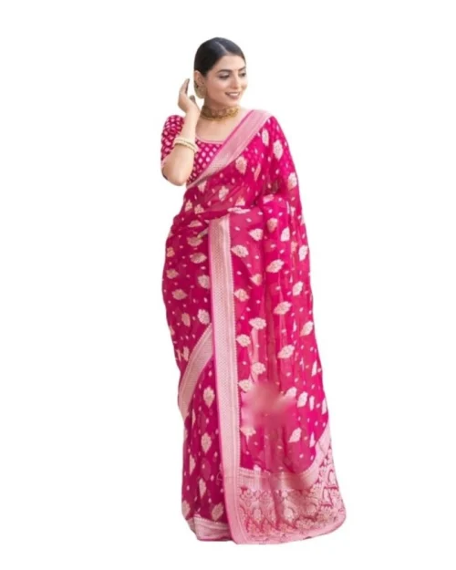 Generic Women's Soft Lichi Silk Printed Saree With Unstitched Blouse 5.5Mtr (Pink)