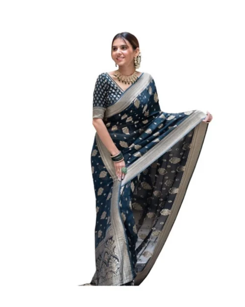 Generic Women's Soft Lichi Silk Printed Saree With Unstitched Blouse 5.5Mtr (Blue)