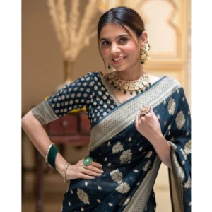 Generic Women's Soft Lichi Silk Printed Saree With Unstitched Blouse 5.5Mtr (Blue)