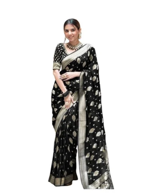 Generic Women's Soft Lichi Silk Printed Saree With Unstitched Blouse 5.5Mtr (Black)