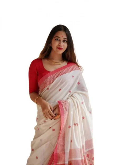 Generic Women's Soft Lilan Printed Saree With Unstitched Blouse 5.5Mtr (White)