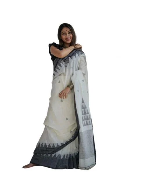 Generic Women's Soft Lilan Printed Saree With Unstitched Blouse 5.5Mtr (White-Black)