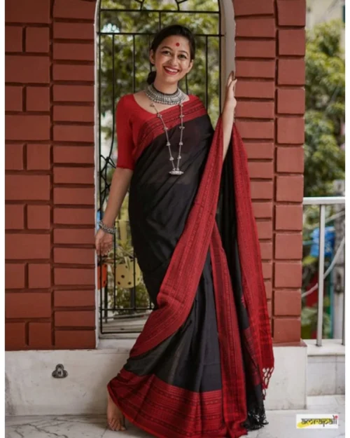 Generic Women's Soft Lilan Printed Saree With Unstitched Blouse 5.5Mtr (Black)