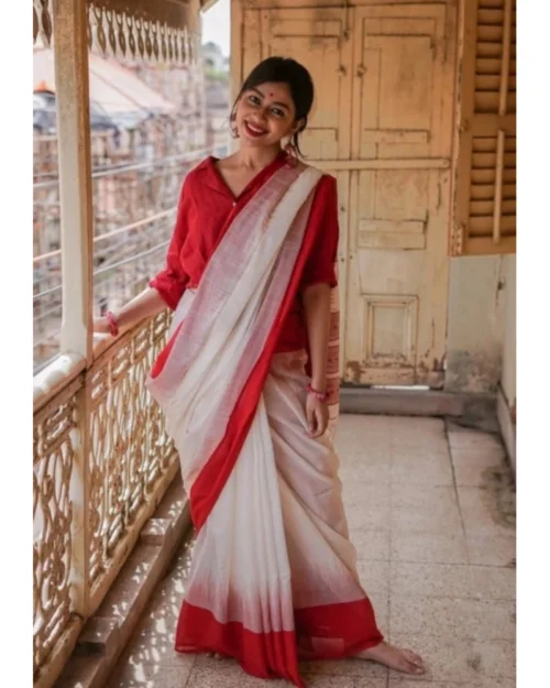 Generic Women's Soft Lilan Printed Saree With Unstitched Blouse 5.5Mtr (White)