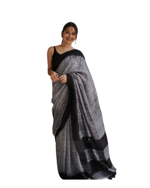 Generic Women's Soft Lilan Printed Saree With Unstitched Blouse 5.5Mtr (Black)