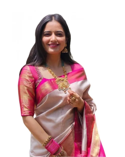 Generic Women's Soft Lichi Silk Printed Saree With Unstitched Blouse 5.5Mtr (Grey)