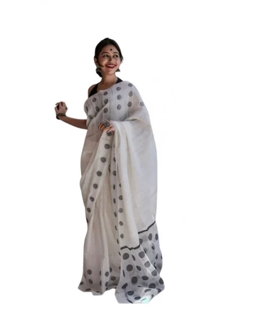 Generic Women's Soft Lilan Printed Saree With Unstitched Blouse 5.5Mtr (White)