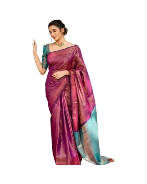 Generic Women's Soft Lichi Silk Printed Saree With Unstitched Blouse 5.5Mtr (Purple)