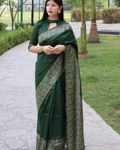 Generic Women's Soft Lichi Silk Printed Saree With Unstitched Blouse 5.5Mtr (Green)