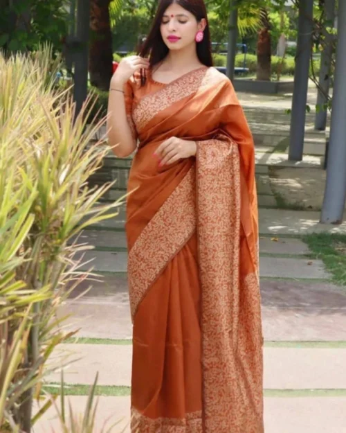 Generic Women's Soft Lichi Silk Printed Saree With Unstitched Blouse 5.5Mtr (Brown)