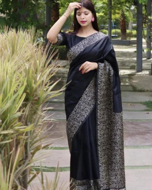Generic Women's Soft Lichi Silk Printed Saree With Unstitched Blouse 5.5Mtr (Black)