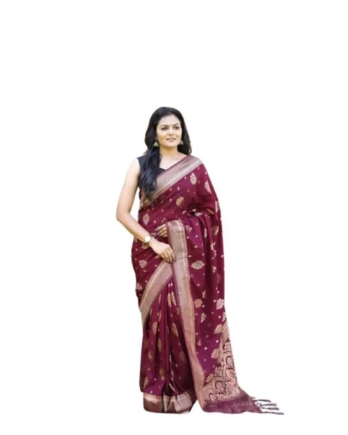 Generic Women's Soft Lichi Silk Printed Saree With Unstitched Blouse 5.5Mtr (Wine)