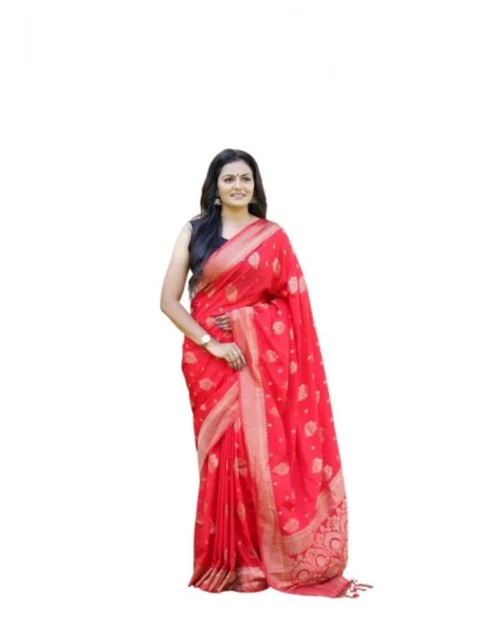 Generic Women's Soft Lichi Silk Printed Saree With Unstitched Blouse 5.5Mtr (Red)