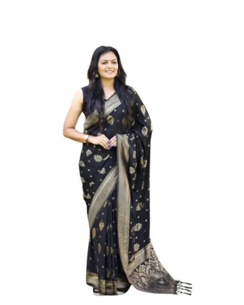 Generic Women's Soft Lichi Silk Printed Saree With Unstitched Blouse 5.5Mtr (Black)