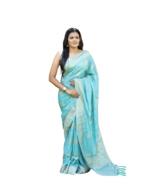 Generic Women's Soft Lichi Silk Printed Saree With Unstitched Blouse 5.5Mtr (Sky-Blue)