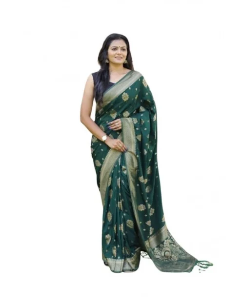Generic Women's Soft Lichi Silk Printed Saree With Unstitched Blouse 5.5Mtr (Bottle-Green)
