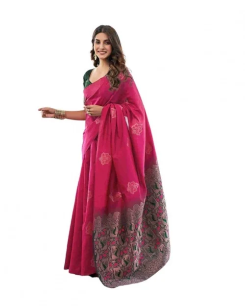 Generic Women's Soft Lichi Silk Printed Saree With Unstitched Blouse 5.5Mtr (Pink)
