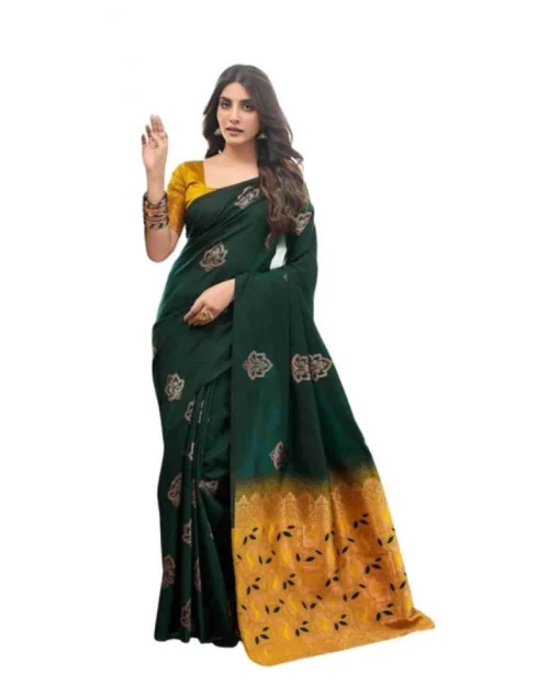 Generic Women's Soft Lichi Silk Printed Saree With Unstitched Blouse 5.5Mtr (Green)