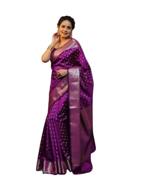 Generic Women's Soft Lichi Silk Printed Saree With Unstitched Blouse 5.5Mtr (Purple)