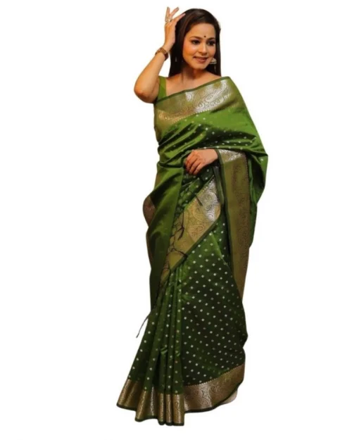 Generic Women's Soft Lichi Silk Printed Saree With Unstitched Blouse 5.5Mtr (Green)