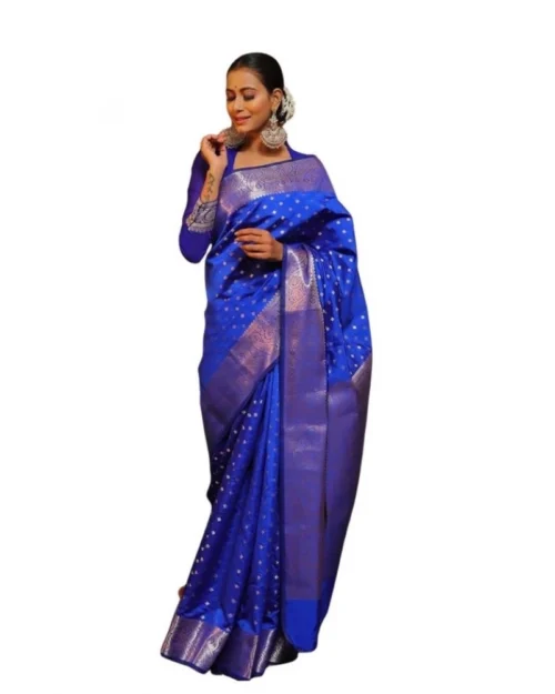 Generic Women's Soft Lichi Silk Printed Saree With Unstitched Blouse 5.5Mtr (Blue)