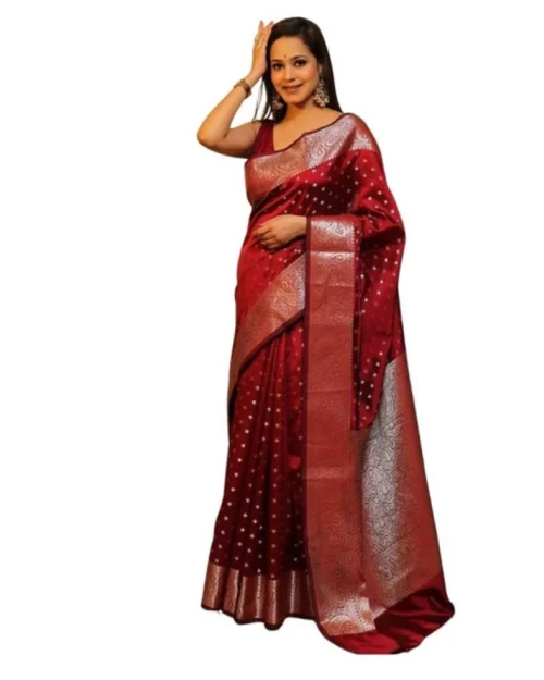 Generic Women's Soft Lichi Silk Printed Saree With Unstitched Blouse 5.5Mtr (Maroon)