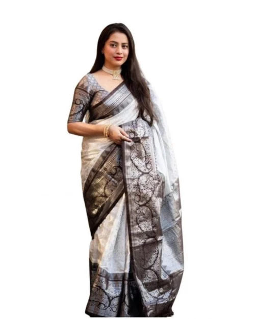 Generic Women's Soft Lichi Silk Printed Saree With Unstitched Blouse 5.5Mtr (Off-White)