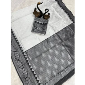 Generic Women's Soft Lichi Silk Printed Saree With Unstitched Blouse 5.5Mtr (Off-White)