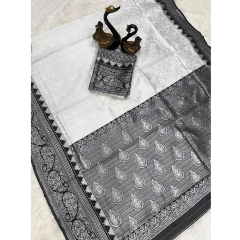 Generic Women's Soft Lichi Silk Printed Saree With Unstitched Blouse 5.5Mtr (Off-White)