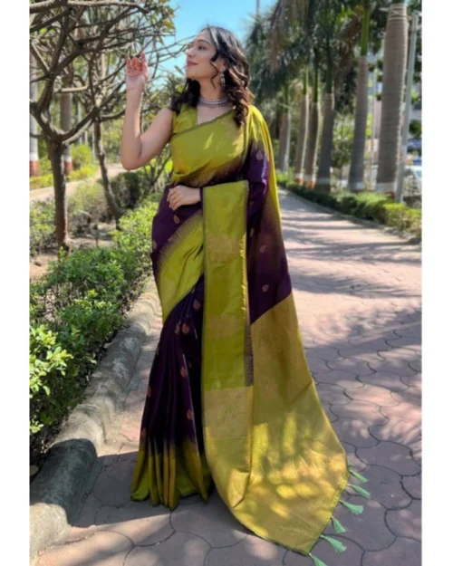 Generic Women's Soft Lichi Silk Printed Saree With Unstitched Blouse 5.5Mtr (Purple)
