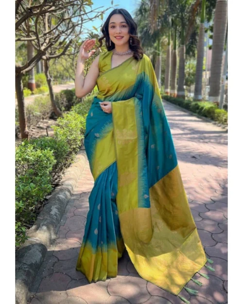 Generic Women's Soft Lichi Silk Printed Saree With Unstitched Blouse 5.5Mtr (Green)
