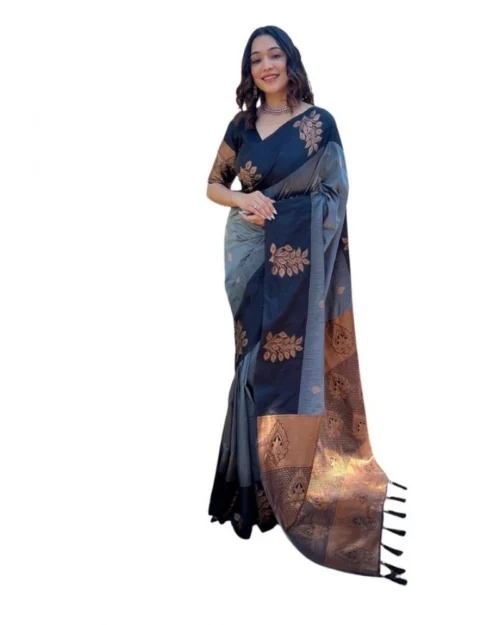 Generic Women's Soft Lichi Silk Printed Saree With Unstitched Blouse 5.5Mtr (Grey)