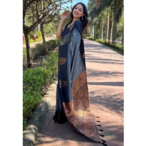 Generic Women's Soft Lichi Silk Printed Saree With Unstitched Blouse 5.5Mtr (Grey)